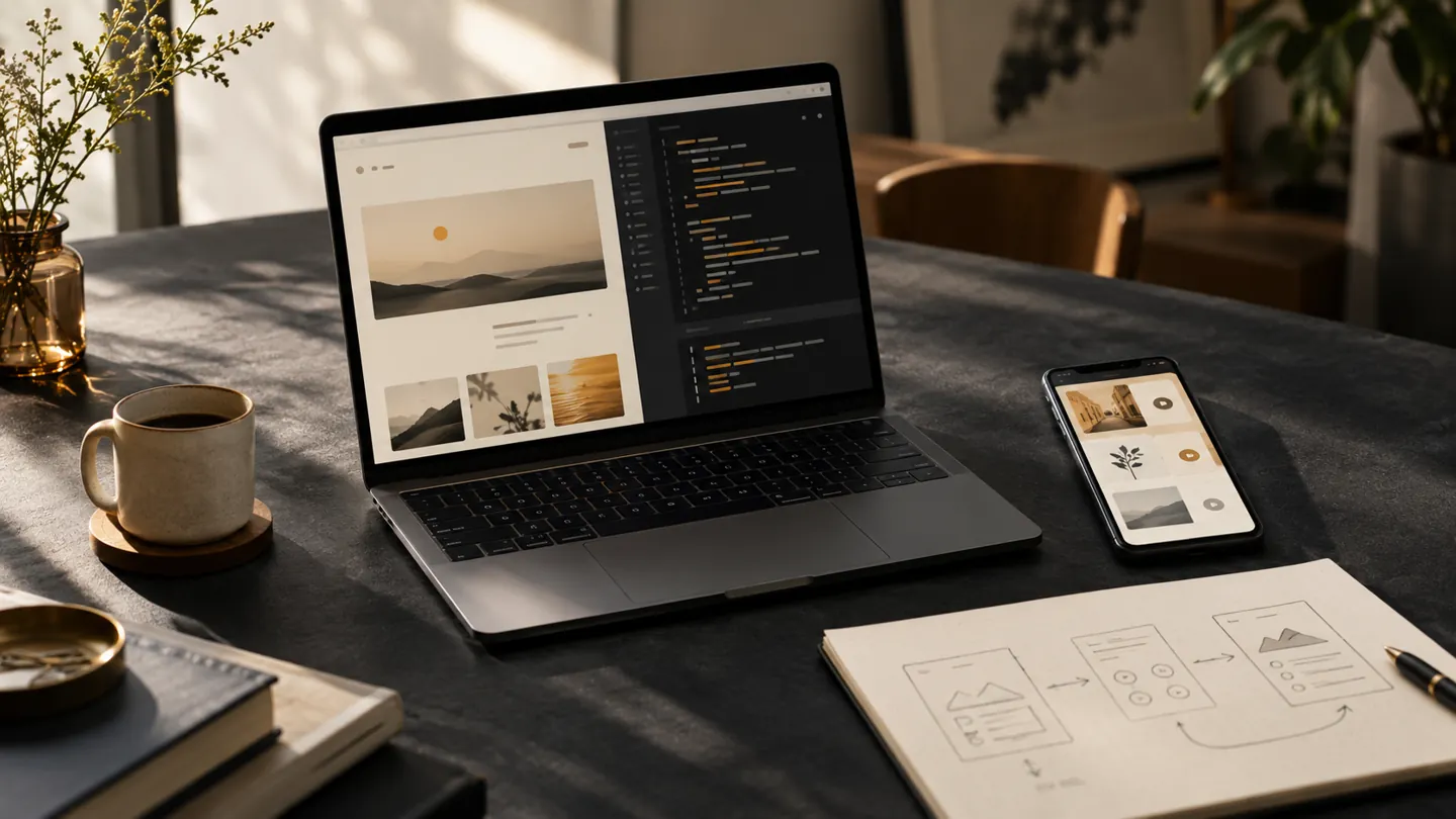 Webとアプリの画面、教材の構想を並べたイメージ