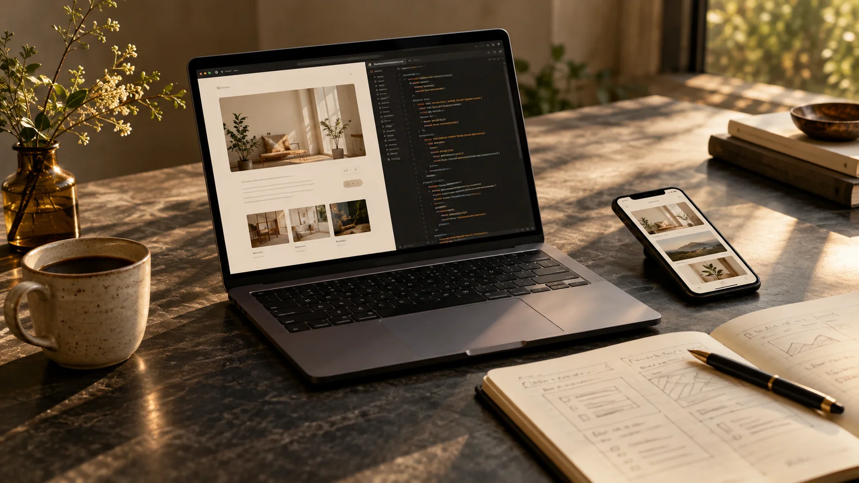 暖かな光の作業机に置かれたノートPC、スマートフォンと設計ノート。